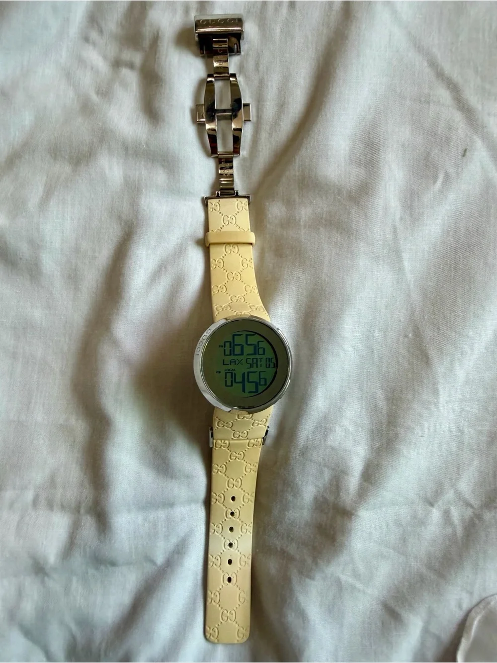 Gucci Cream Digital Round Watch with GG Embossed Silicone Strap